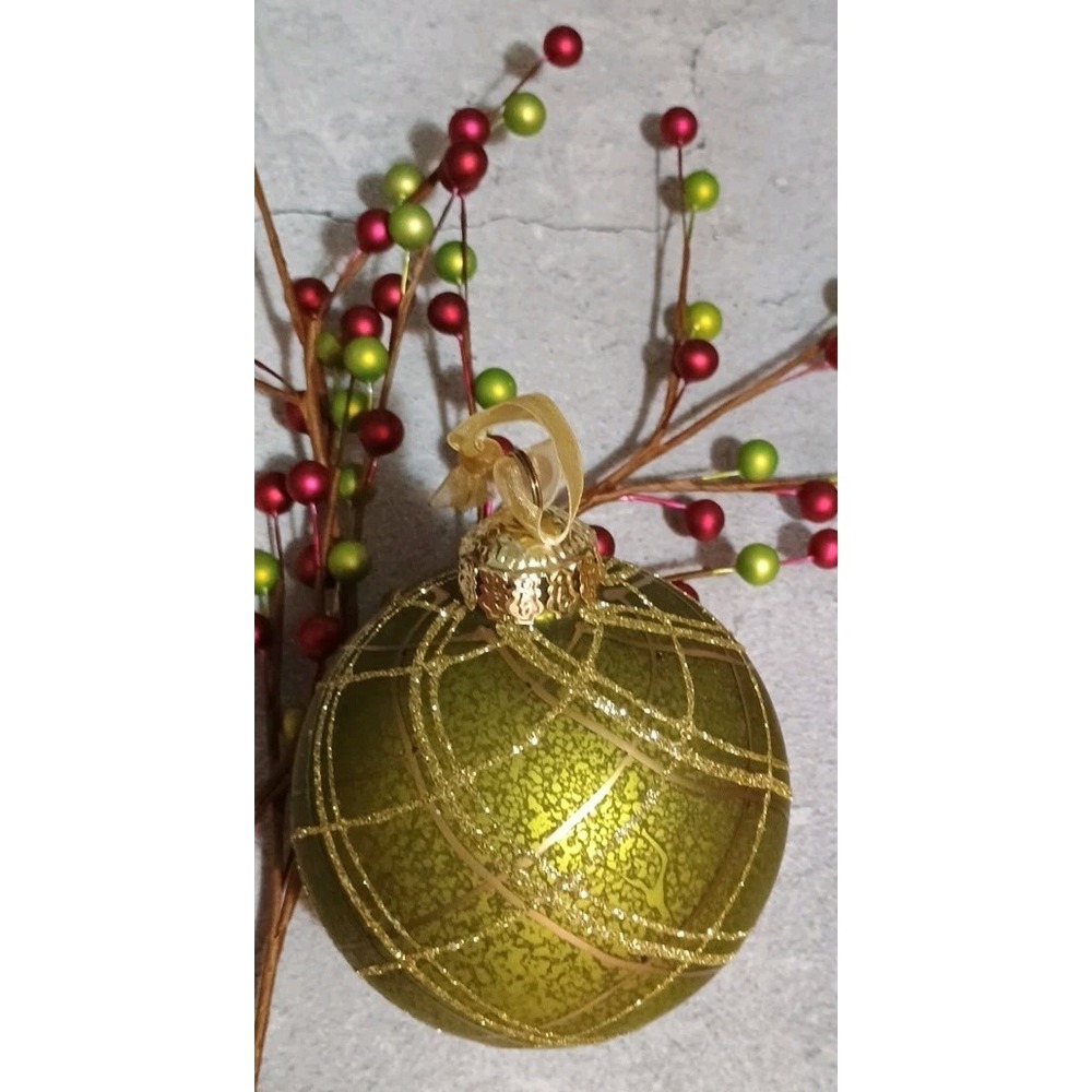 Frontgate Plaid Light Green‎ & Gold Round Glass Christmas Ornament Gold Glitter